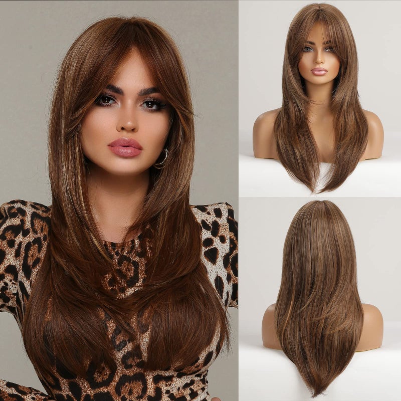 EMMOR Brown Wigs for WomenLong Layered Wigs with Curtain Bangs Heat Resistant Synthetic Fibre WigsBrown with Blonde Highlight
